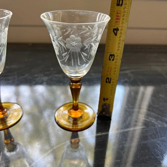 Vintage Tiffin Cordial Liquor Glasses Etched Amber Stems 4.5” Set Of 2 - Picture 7 of 8